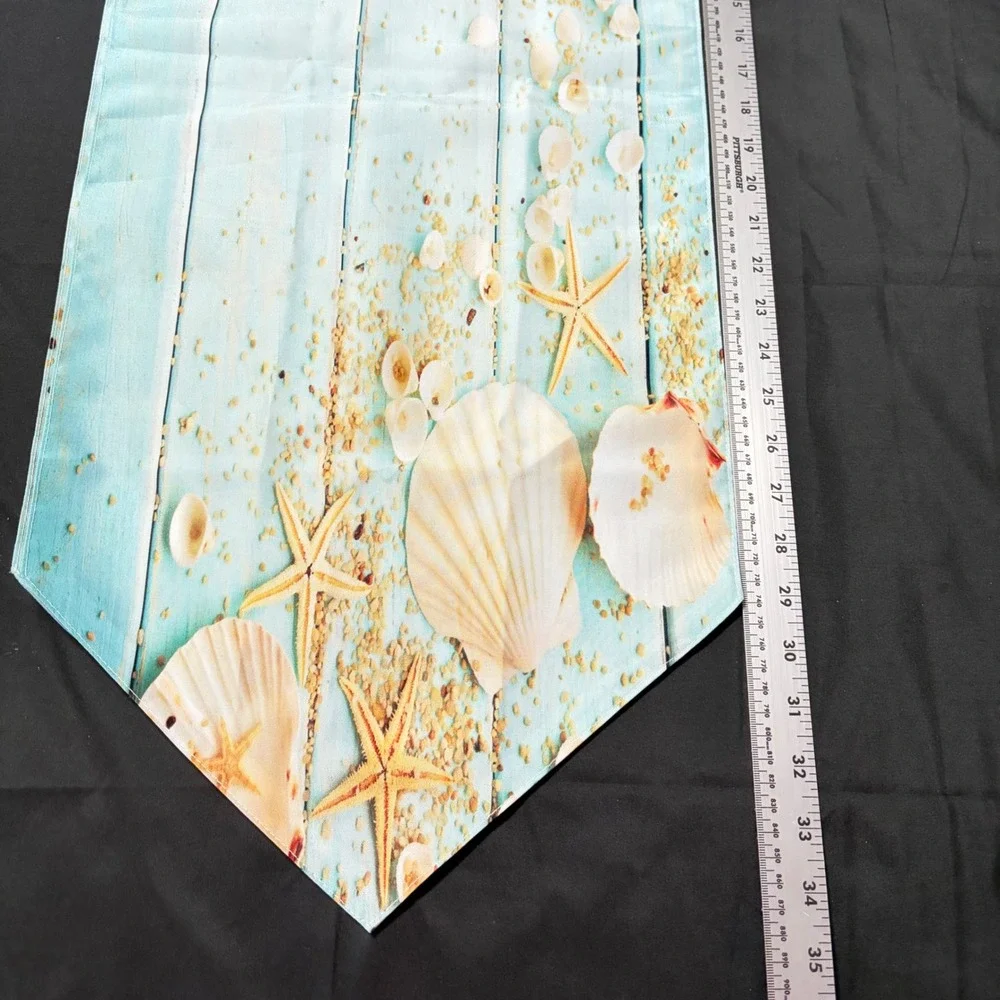 Coastal Beach Table Runner Blue Wood Plank Seashell Starfish Nautical Decor 70in